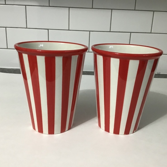 VTG Ceramic Popcorn Bucket Bowl Set Tub 6" Painted Red White Stripe - Picture 5 of 6